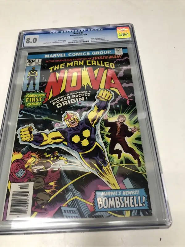 Nova #1 (Marvel Comics, 1976), CGC 8.0 graded comic book, Universal Blue label — front cover in its holder