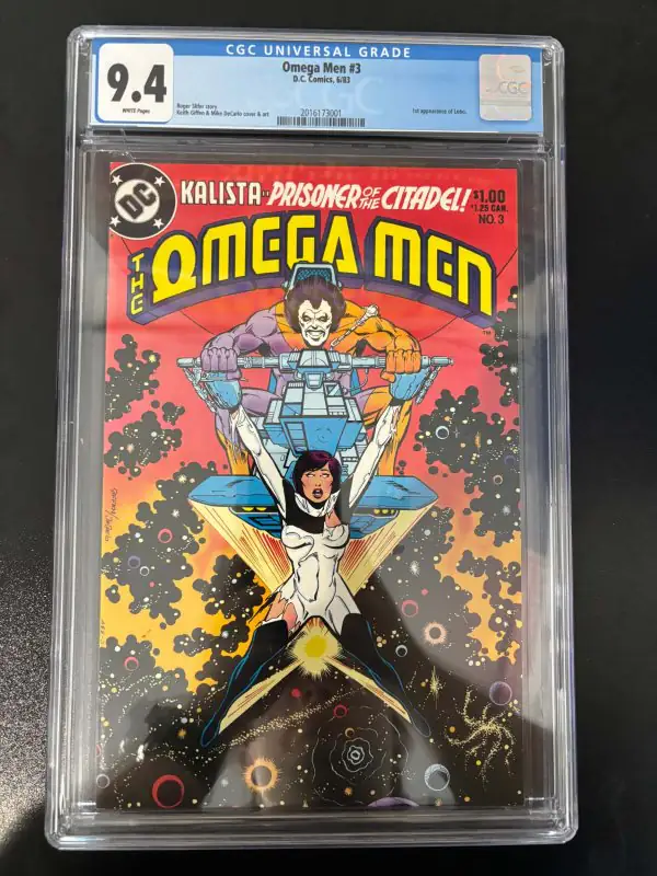 Omega Men #3 (DC Comics, 1983), CGC 9.4 graded comic book, Universal Blue label — front cover in its holder