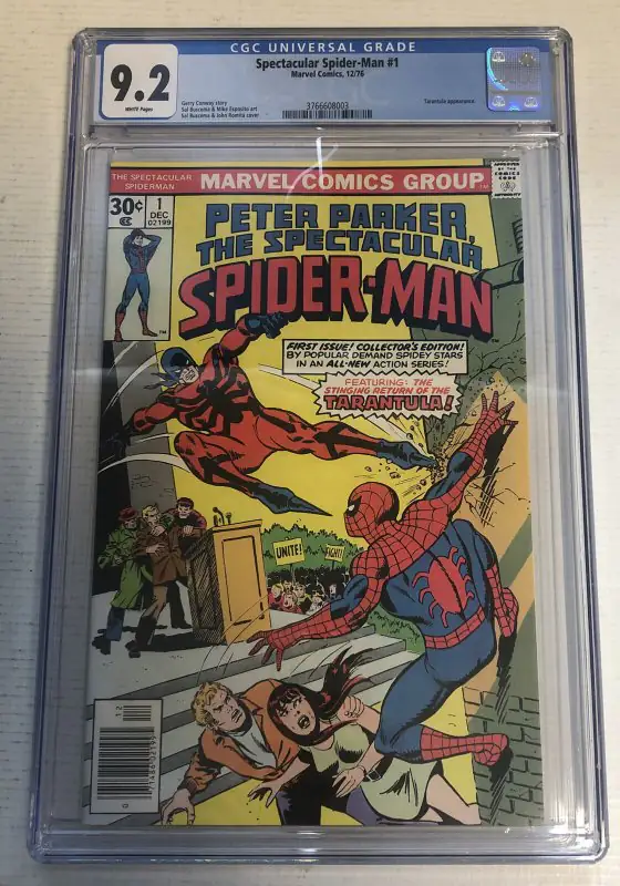 Peter Parker the Spectacular Spider-Man #1 (Marvel Comics, 1976), CGC 9.2 graded comic book, Universal Blue label — front cover in its holder