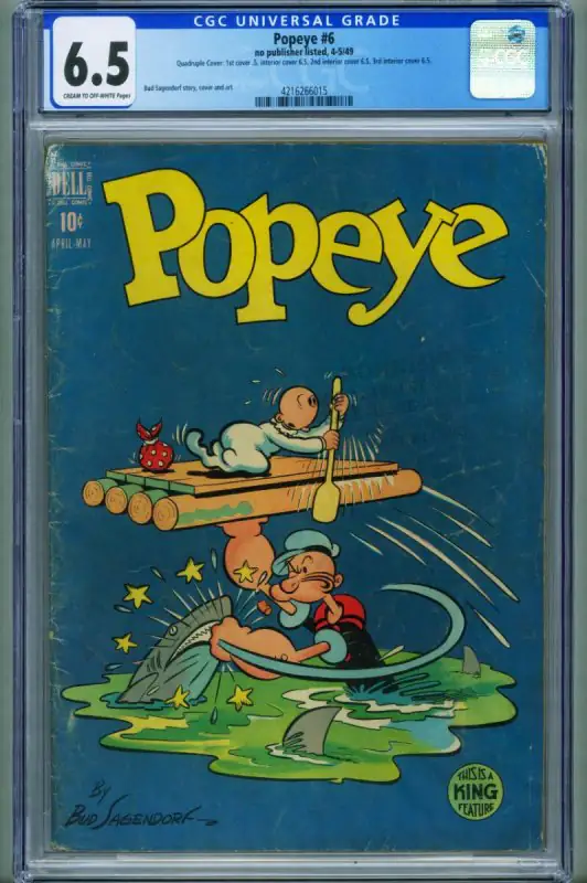 Popeye #6 (Dell Comics, 1949), CGC 6.5 graded comic book, Universal Blue label — front cover in its holder