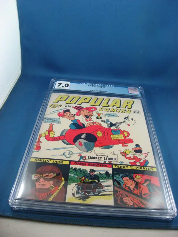 Popular Comics #110 (Dell Comics, 1945), CGC 7.0 graded comic book, Universal Blue label — front cover in its holder