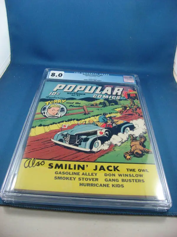 Popular Comics #81 (Dell Comics, 1942), CGC 8.0 graded comic book, Universal Blue label — front cover in its holder