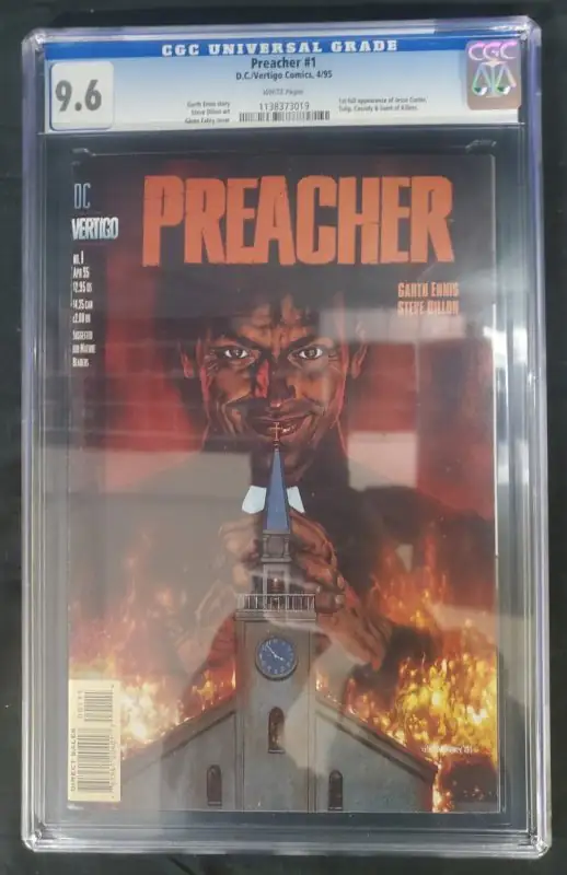 Preacher #1 (DC Comics, 1995), CGC 9.6 graded comic book, Universal Blue label — front cover in its holder