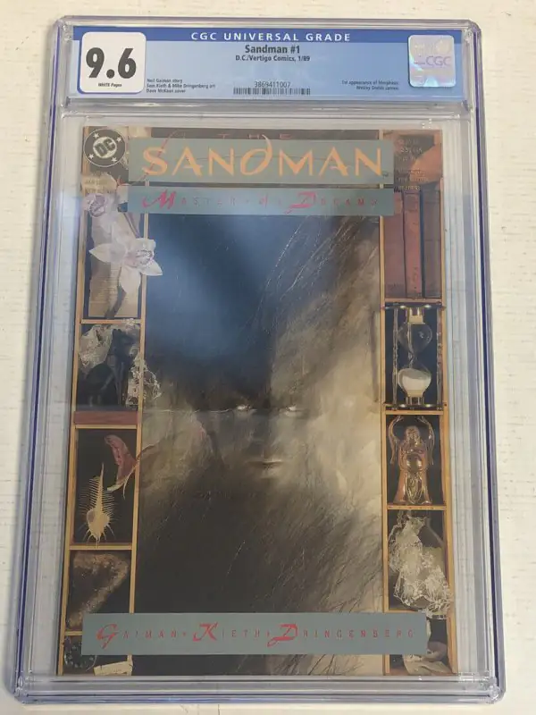 Sandman #1 (DC Comics, 1989), CGC 9.6 graded comic book, Universal Blue label — front cover in its holder