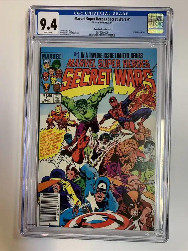 Secret Wars #1 (Marvel Comics, 1984), CGC 9.4 graded comic book, Universal Blue label — front cover in its holder