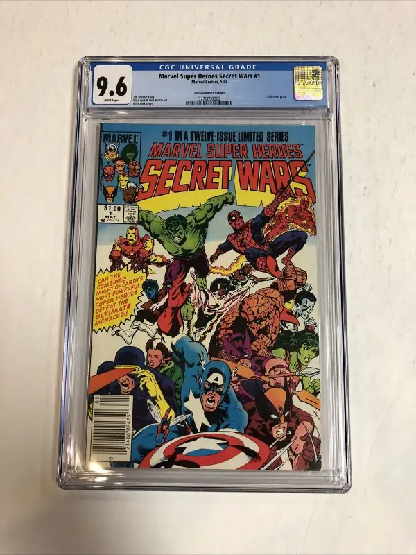 Secret Wars #1 (Marvel Comics, 1984), CGC 9.6 graded comic book, Universal Blue label — front cover in its holder