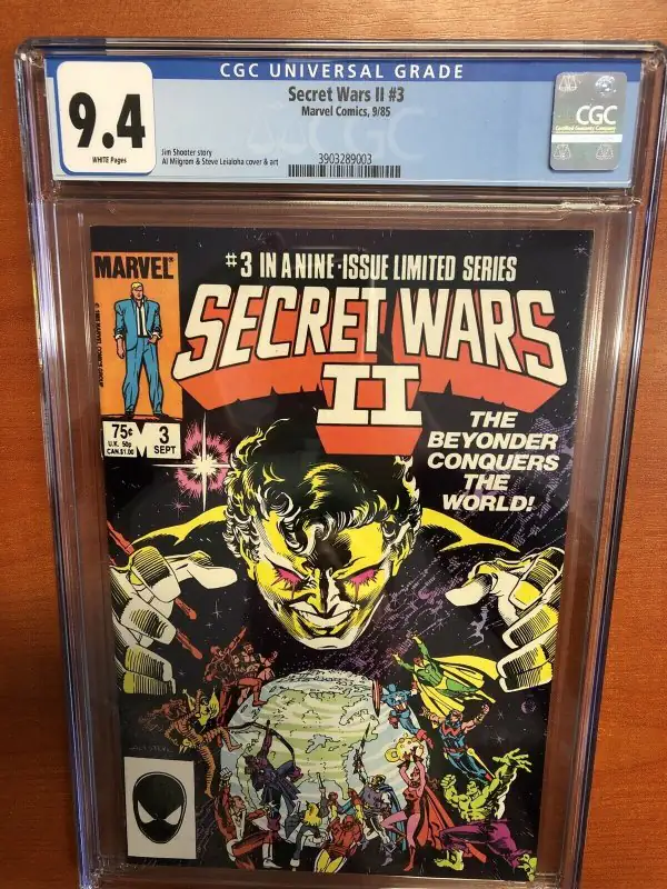 Secret Wars II #3 (Marvel Comics, 1985), CGC 9.4 graded comic book, Universal Blue label — front cover in its holder