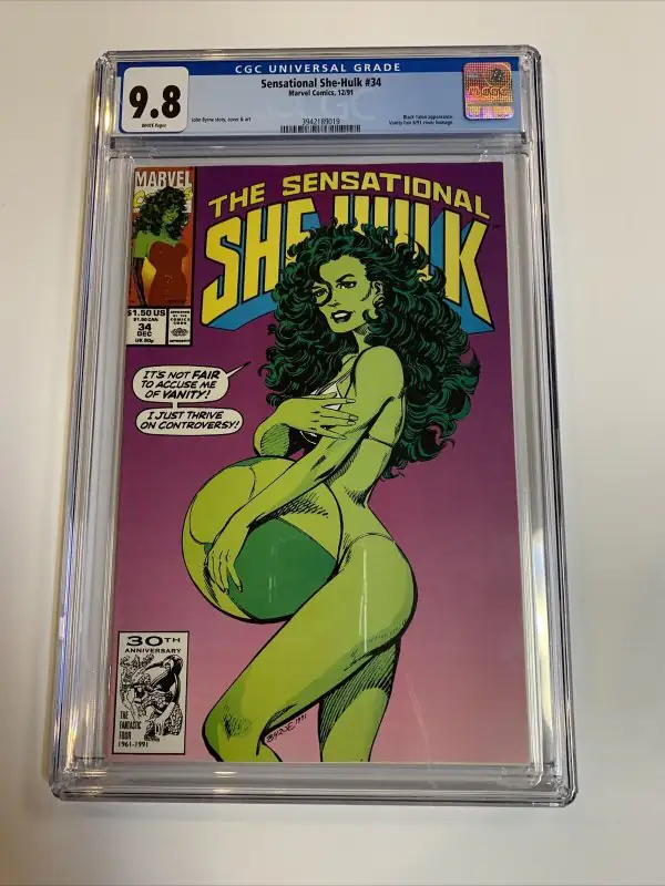 Sensational She-Hulk #34 (Marvel Comics, 1991), CGC 9.8 graded comic book, Universal Blue label — front cover in its holder