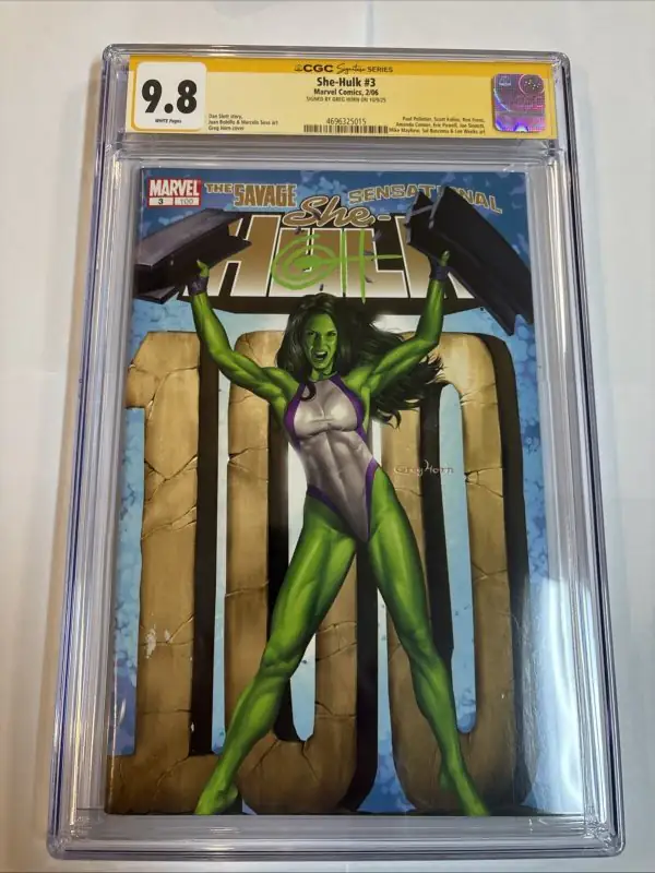 She-Hulk #3 (Marvel Comics, 2006), CGC 9.8 graded comic book, Signature Series label — front cover in its holder