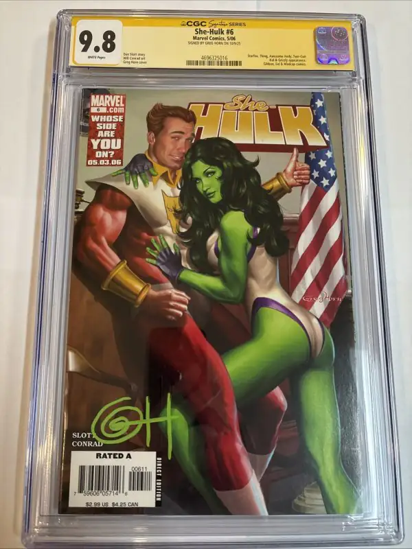 She-Hulk #6 (Marvel Comics, 2006), CGC 9.8 graded comic book, Signature Series label — front cover in its holder