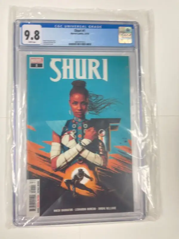 Shuri #1 (Marvel Comics, 2018), CGC 9.8 graded comic book, Universal Blue label — front cover in its holder