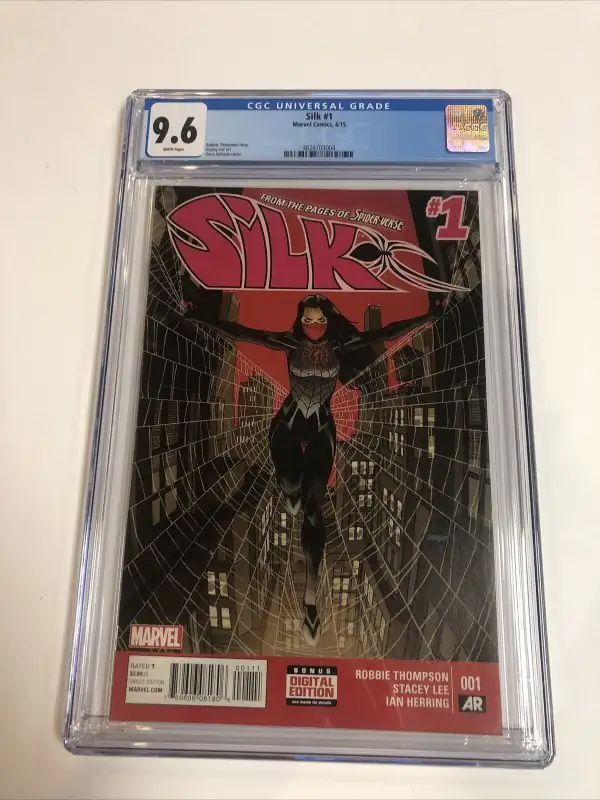Silk #1 (Marvel Comics, 2015), CGC 9.6 graded comic book, Universal Blue label — front cover in its holder