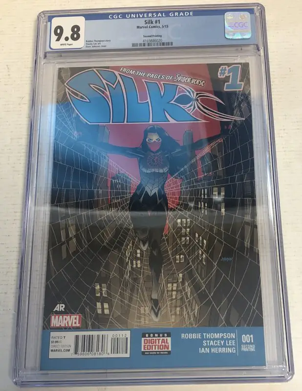 Silk #1 (Marvel Comics, 2015), CGC 9.8 graded comic book, Universal Blue label — front cover in its holder