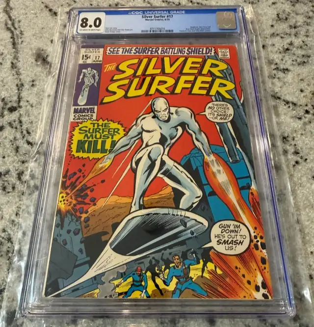 Silver Surfer #17 (Marvel Comics, 1970), CGC 8.0 graded comic book, Universal Blue label — front cover in its holder