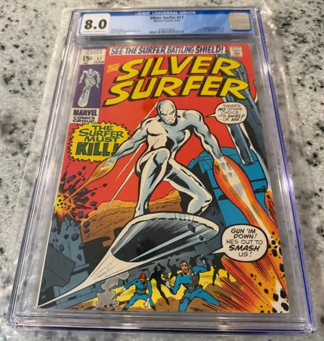 Silver Surfer #17 (Marvel Comics, 1970), CGC 8.0 graded comic book, Universal Blue label — front cover in its holder