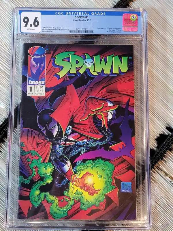 Spawn #1 (Image Comics, 1992), CGC 9.6 graded comic book, Universal Blue label — front cover in its holder