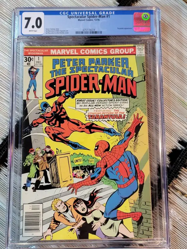 Spectacular Spider-Man #1 (Marvel Comics, 1976), CGC 7.0 graded comic book, Universal Blue label — front cover in its holder