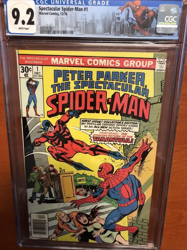 Spectacular Spider-Man #1 (Marvel Comics, 1976), CGC 9.2 graded comic book, Universal Blue label — front cover in its holder