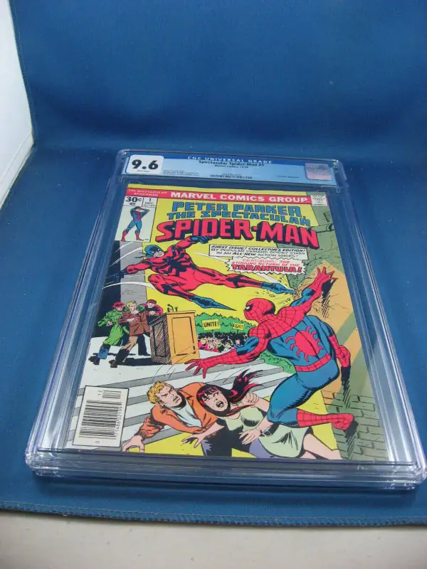Spectacular Spider-Man #1 (Marvel Comics, 1976), CGC 9.6 graded comic book, Universal Blue label — front cover in its holder