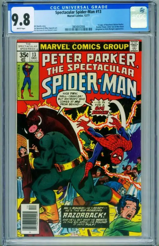Spectacular Spider-Man #13 (Marvel Comics, 1977), CGC 9.8 graded comic book, Universal Blue label — front cover in its holder