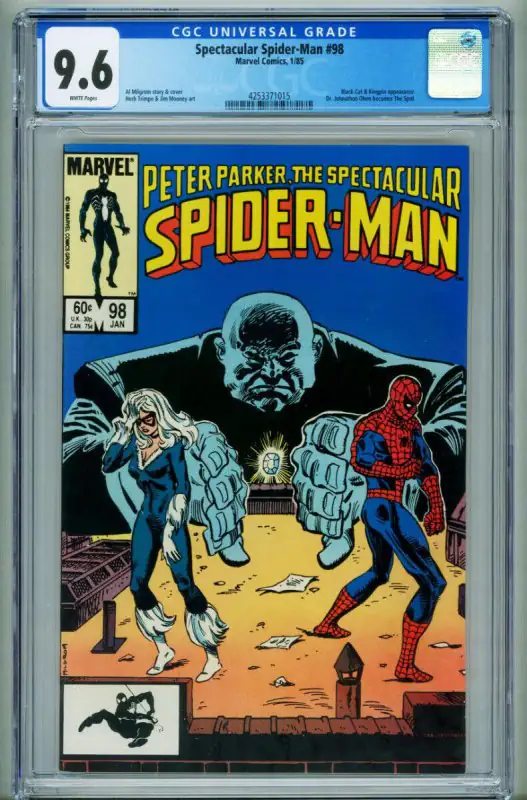 Spectacular Spider-Man #98 (Marvel Comics, 1985), CGC 9.6 graded comic book, Universal Blue label — front cover in its holder