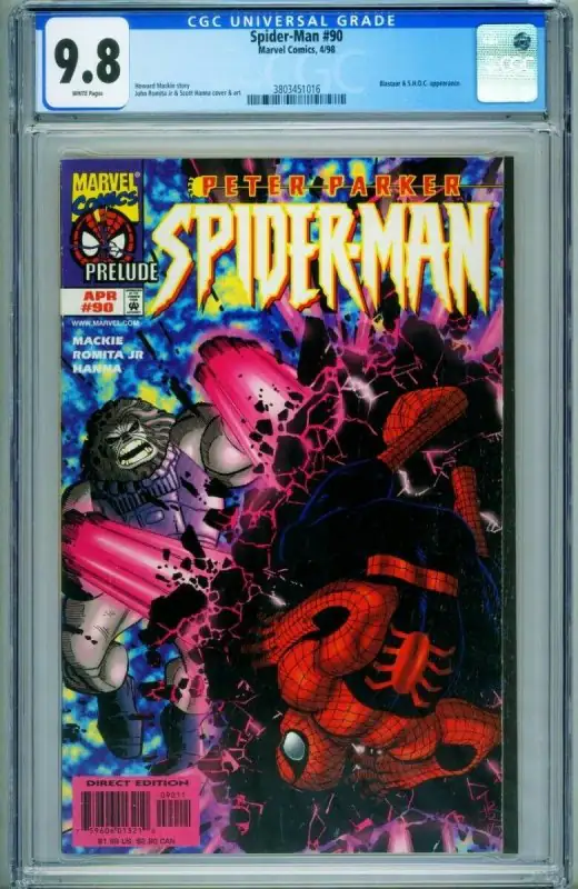 Spider-Man #90 (Marvel Comics, 1998), CGC 9.8 graded comic book, Universal Blue label — front cover in its holder