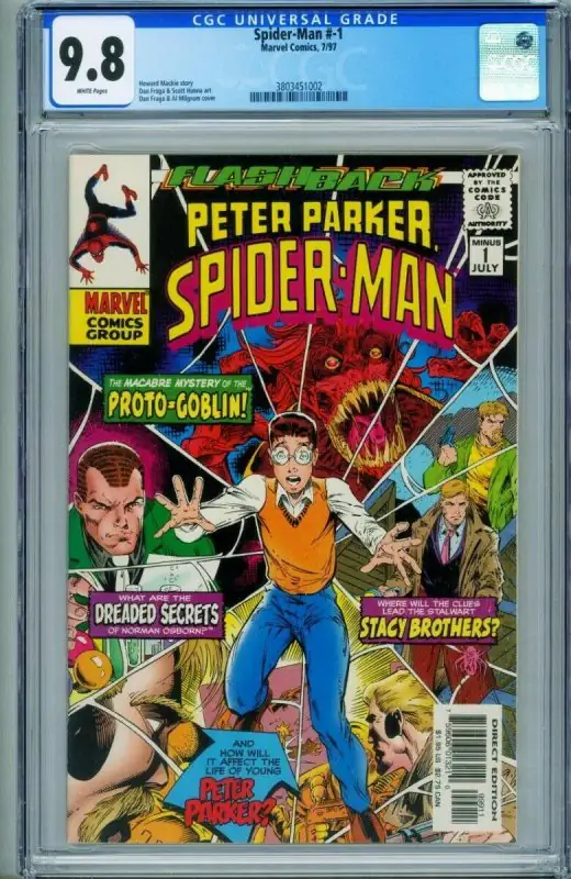 Spider-Man #-1 (Marvel Comics, 1997), CGC 9.8 graded comic book, Universal Blue label — front cover in its holder