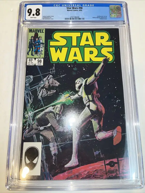 Star Wars #98 (Marvel Comics, 1985), CGC 9.8 graded comic book, Universal Blue label — front cover in its holder