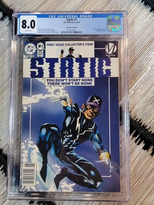 Static #1 (DC Comics, 1993), CGC 8.0 graded comic book, Universal Blue label — front cover in its holder