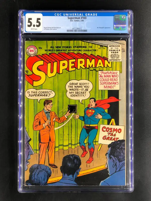 Superman #103 (DC Comics, 1956), CGC 5.5 graded comic book, Universal Blue label — front cover in its holder