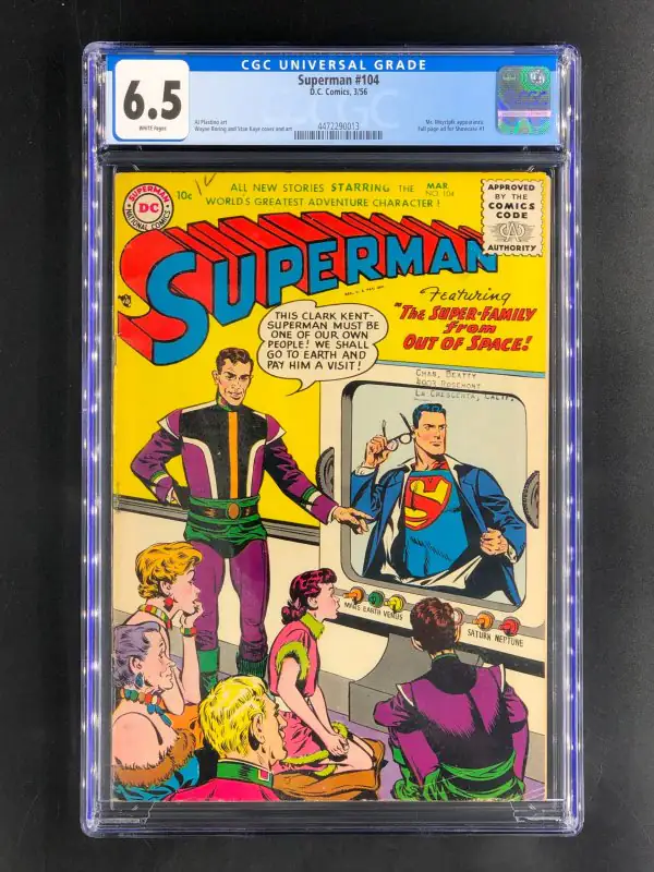 Superman #104 (DC Comics, 1956), CGC 6.5 graded comic book, Universal Blue label — front cover in its holder