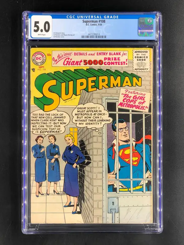 Superman #108 (DC Comics, 1956), CGC 5.0 graded comic book, Universal Blue label — front cover in its holder