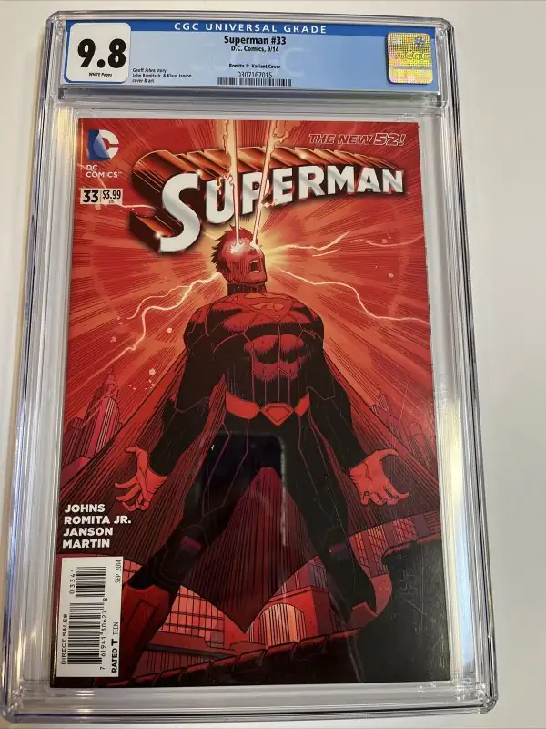 Superman #33 (DC Comics, 2014), CGC 9.8 graded comic book, Universal Blue label — front cover in its holder