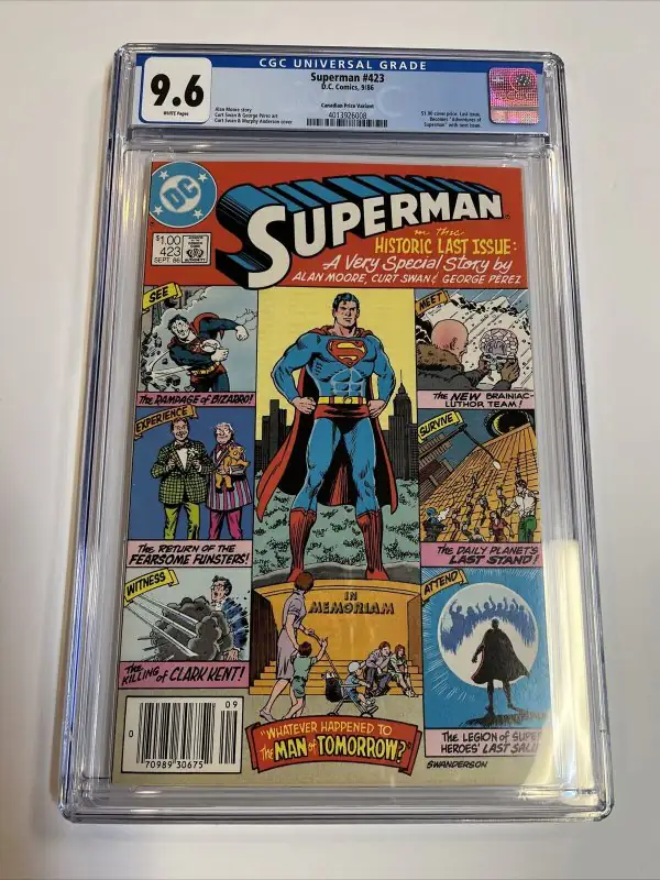 Superman #423 (DC Comics, 1986), CGC 9.6 graded comic book, Signature Series label — front cover in its holder