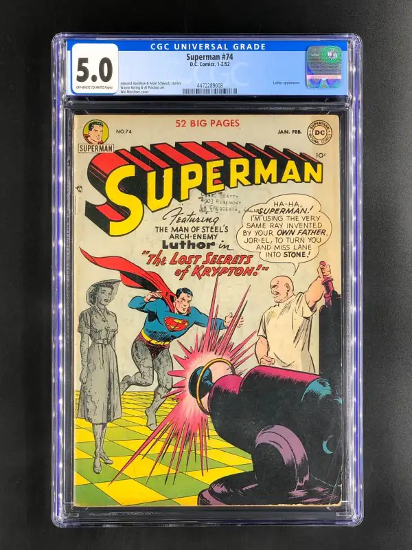 Superman #74 (DC Comics, 1952), CGC 5.0 graded comic book, Universal Blue label — front cover in its holder