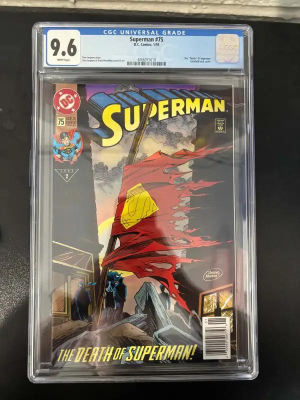 Superman #75 (DC Comics, 1993), CGC 9.6 graded comic book, Universal Blue label — front cover in its holder