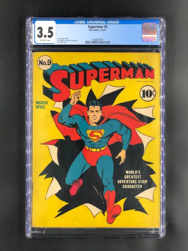 Superman #9 (DC Comics, 1941), CGC 3.5 graded comic book, Universal Blue label — front cover in its holder