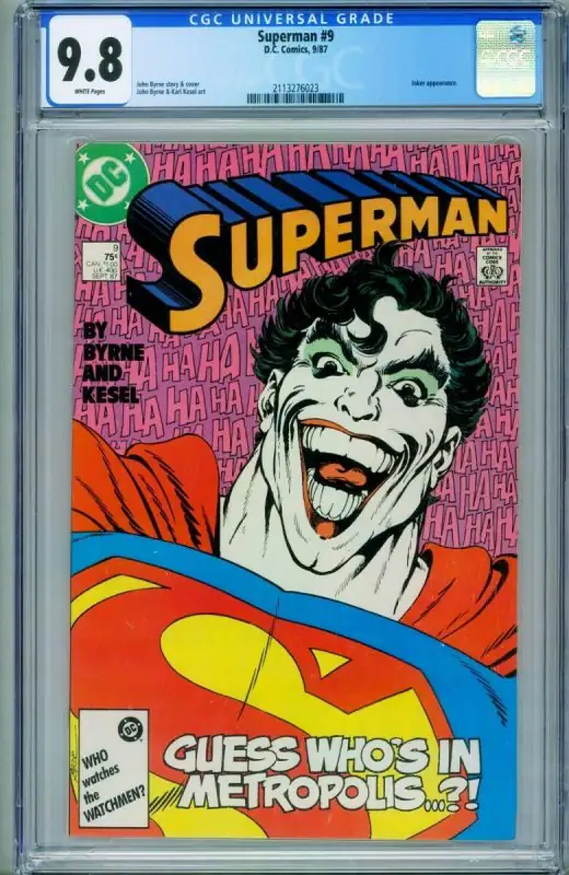 Superman #9 (DC Comics, 1987), CGC 9.8 graded comic book, Universal Blue label — front cover in its holder