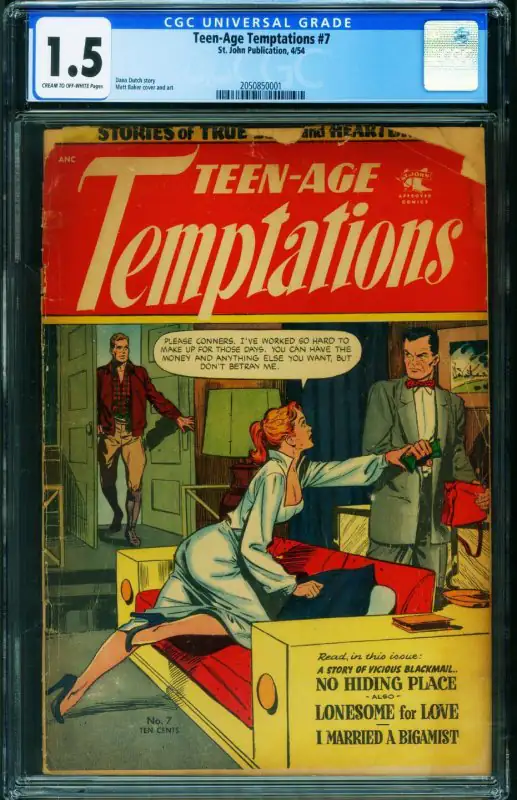 Teen-Age Temptations #7 (St. John Publications, 1954), CGC 1.5 graded comic book, Universal Blue label — front cover in its holder