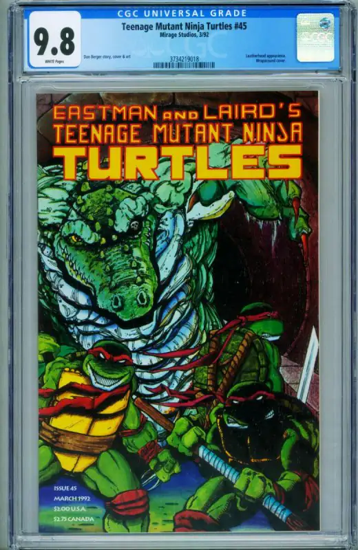 Teenage Mutant Ninja Turtles #45 (Mirage Studios, 1992), CGC 9.8 graded comic book, Universal Blue label — front cover in its holder
