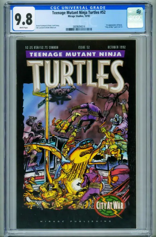 Teenage Mutant Ninja Turtles #52 (Mirage Studios, 1992), CGC 9.8 graded comic book, Universal Blue label — front cover in its holder
