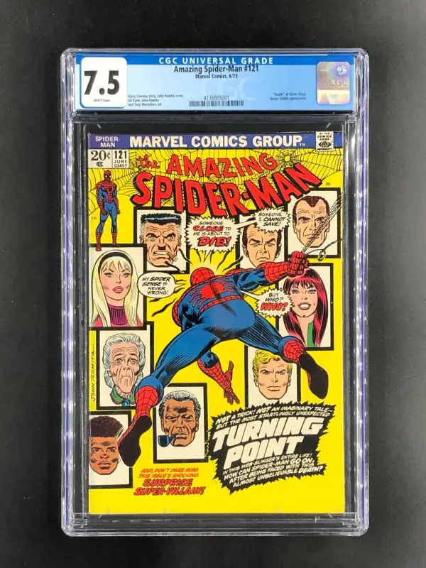 The Amazing Spider-Man #121 (Marvel Comics, 1973), CGC 7.5 graded comic book, Universal Blue label — front cover in its holder
