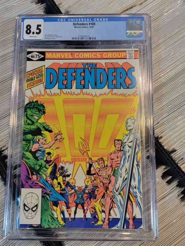 The Defenders #100 (Marvel Comics, 1981), CGC 8.5 graded comic book, Universal Blue label — front cover in its holder