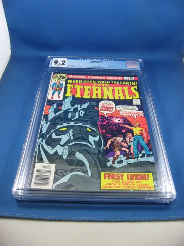 The Eternals #1 (Marvel Comics, 1976), CGC 9.2 graded comic book, Universal Blue label — front cover in its holder