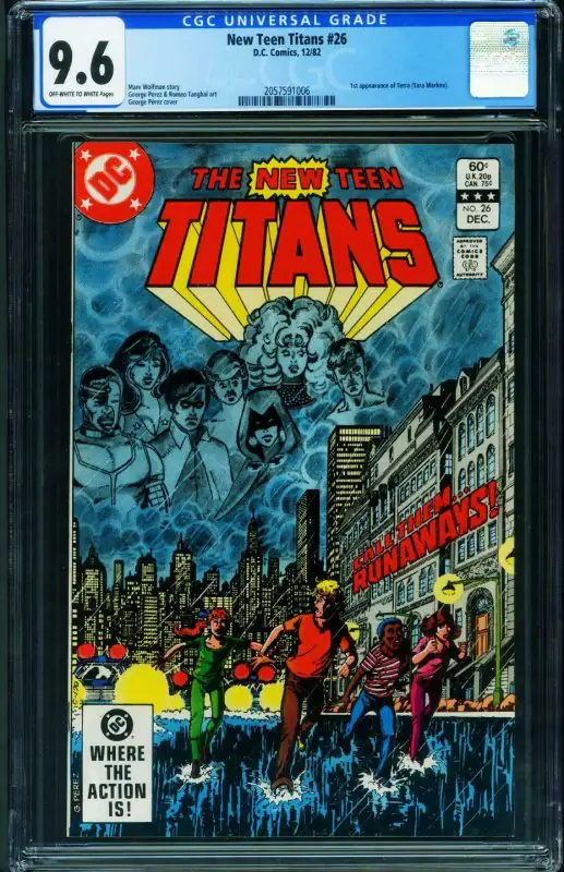 The New Teen Titans #26 (DC Comics, 1982), CGC 9.6 graded comic book, Universal Blue label — front cover in its holder