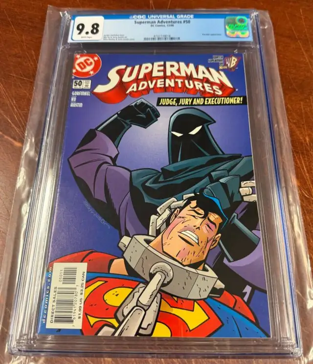 The Superman Adventures #50 (DC Comics, 2000), CGC 9.8 graded comic book, Universal Blue label — front cover in its holder