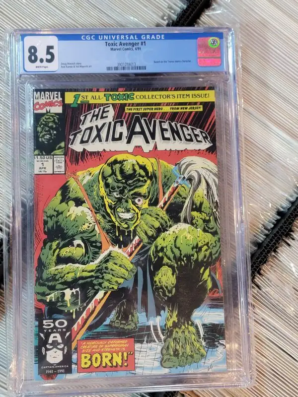 The Toxic Avenger #1 (Marvel Comics, 1991), CGC 8.5 graded comic book, Universal Blue label — front cover in its holder