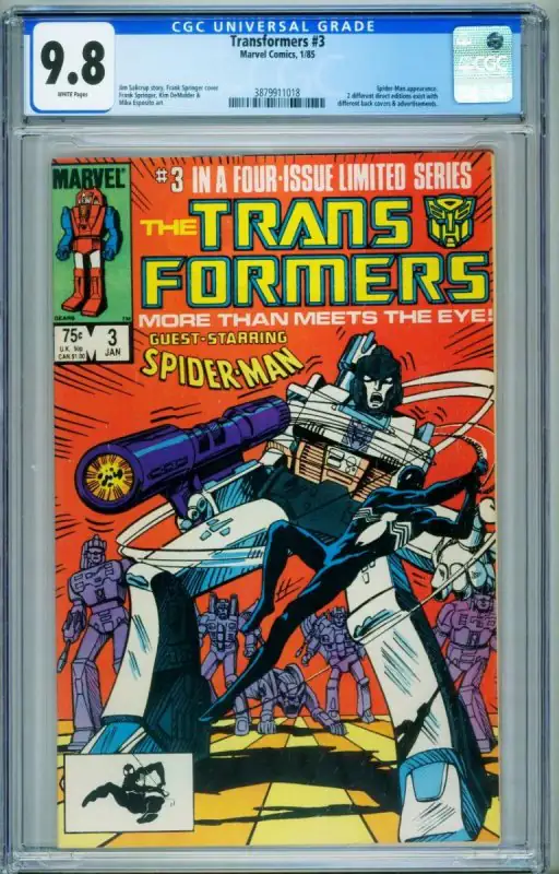 Transformers #3 (Marvel Comics, 1984), CGC 9.8 graded comic book, Universal Blue label — front cover in its holder