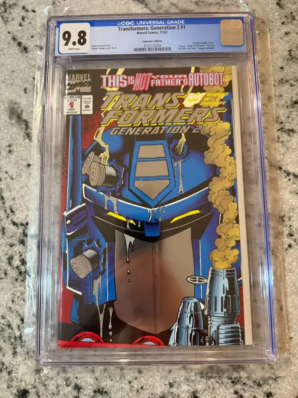 Transformers Generation 2 #1 (Marvel Comics, 1993), CGC 9.8 graded comic book, Universal Blue label — front cover in its holder