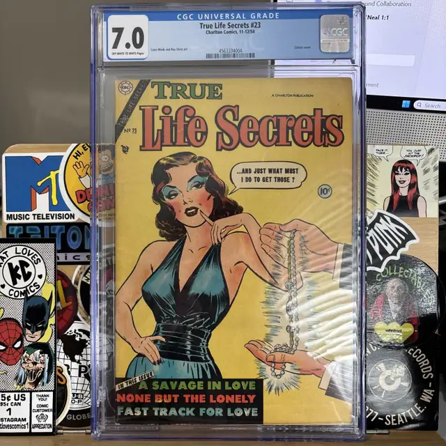 True Life Secrets #23 (Charlton Comics, 1954), CGC 7.0 graded comic book, Universal Blue label — front cover in its holder
